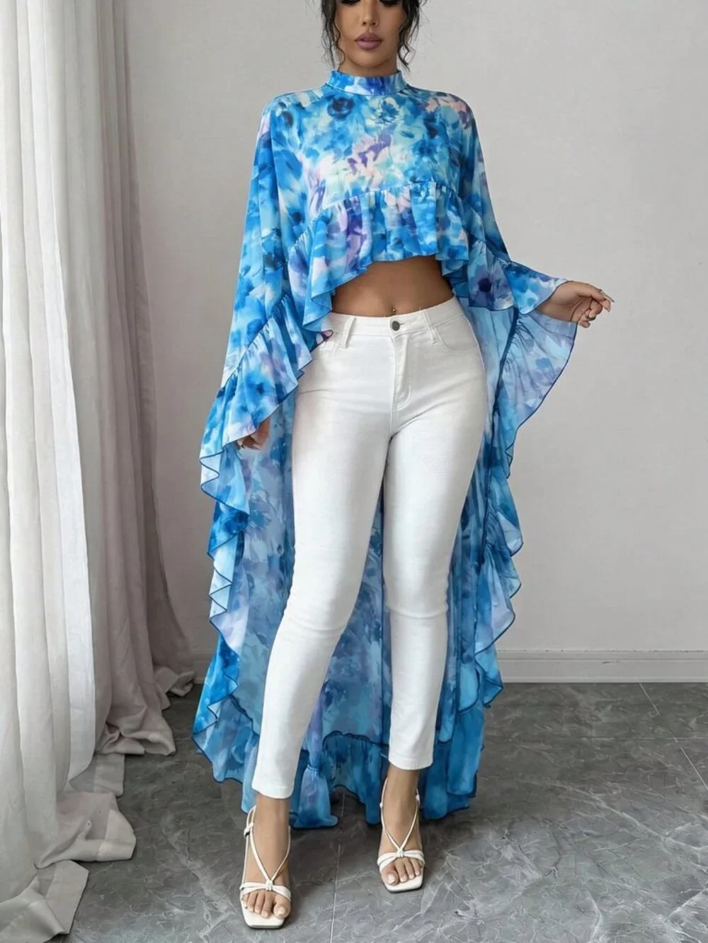 Blue Women's darin Collar Chiffon Floral Ruffle Trim hi-low Elegant Blouse top - Picture 6 of 6